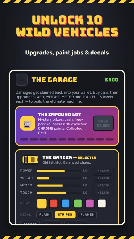 Screenshot: the garage of unlockable vehicles